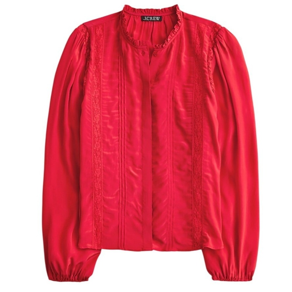 J.Crew CN519 Red Lace Trim Pintuck Ruffle Blouse Top Size 0 NWT $98